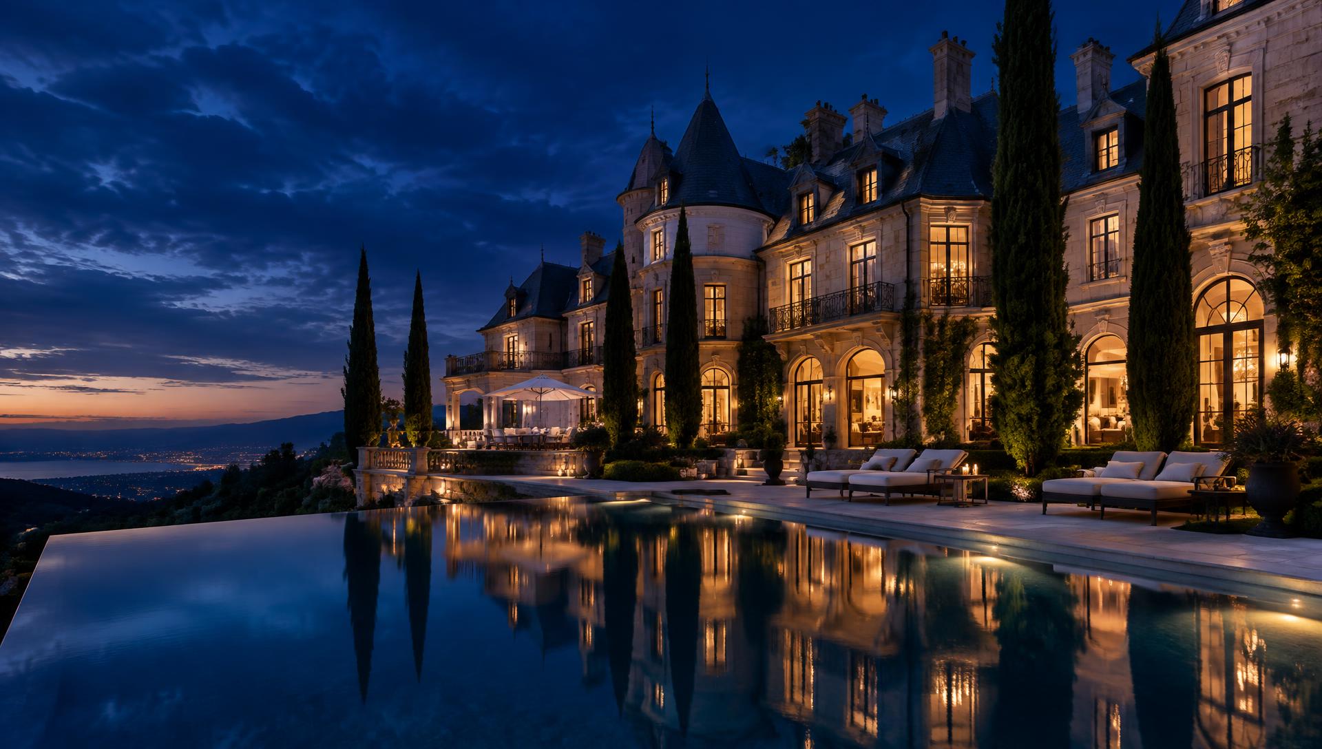 Luxury estate at dusk with reflecting pool