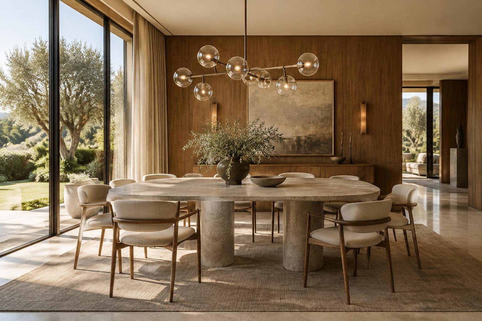 Modern dining room opening onto a landscaped garden