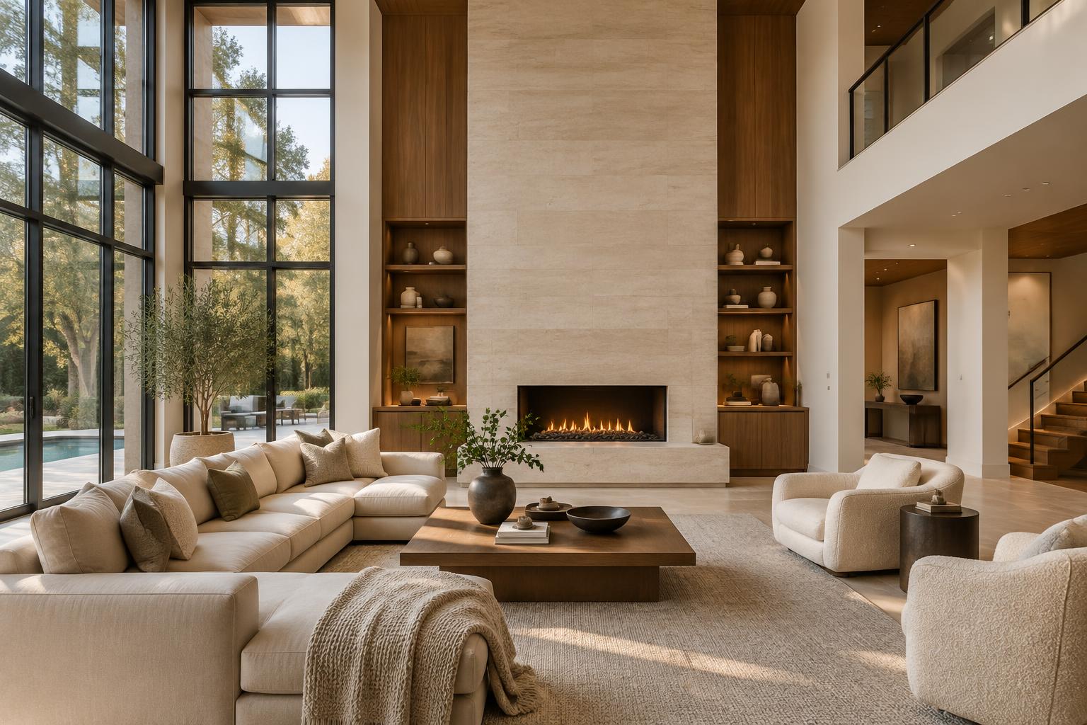 Double-height living room with a limestone fireplace